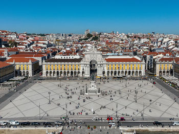 Commerce square in lisbon, portugal. palace yard, royal palace of ribeira. drone point of view