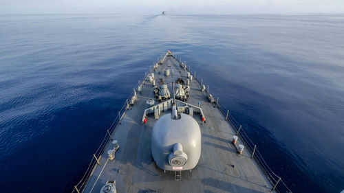 High angle view of ship in sea against sky