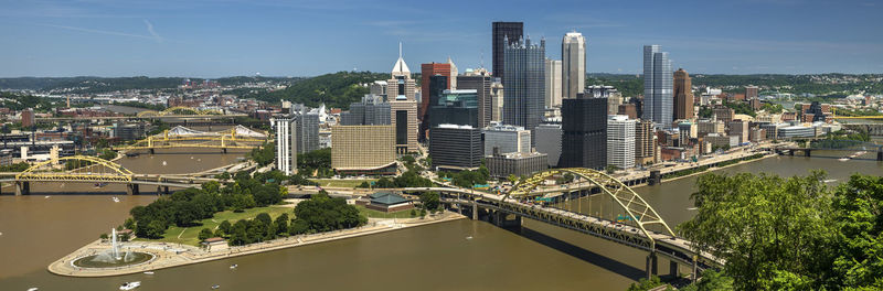 High angle view of bridge over river amidst buildings in city