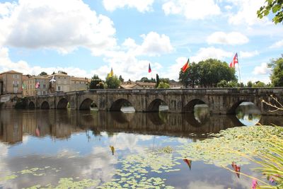 Flags on bridge over river against sky