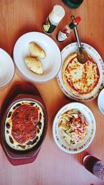 High angle view of breakfast served on table