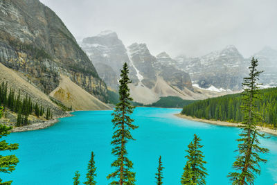 Scenic view of lake and mountains against sky