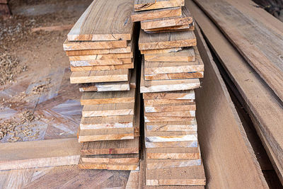 High angle view of wooden logs