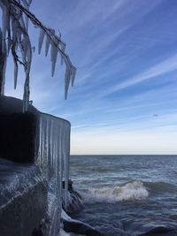 Icicle hanging at beach against sky