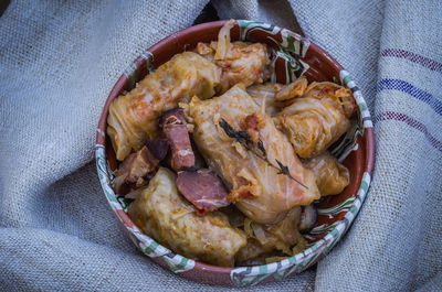 High angle view of meat in bowl