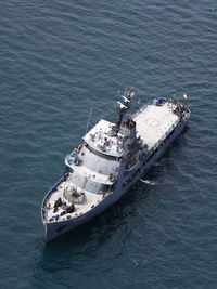 High angle view of ship sailing in sea