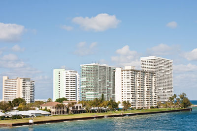 Buildings by sea against sky in city