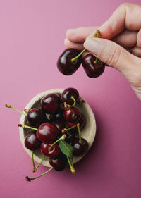 Close-up of hand holding fruit against white background