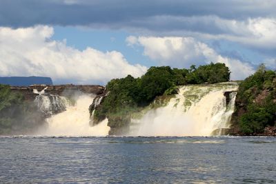 Scenic view of waterfall against sky