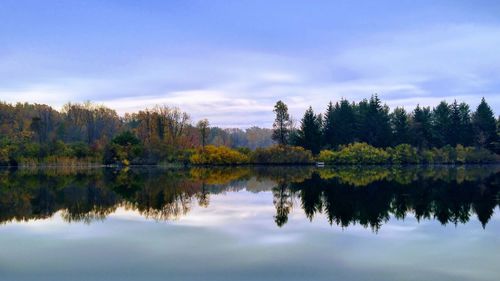 Reflection of trees in lake against sky