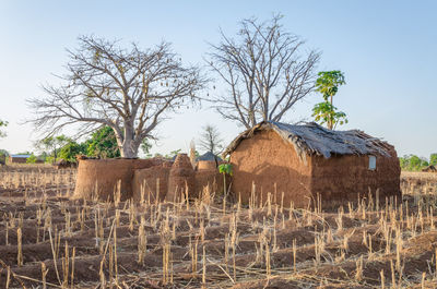 Simple mud and clay house of tata somba tribe in benin, africa