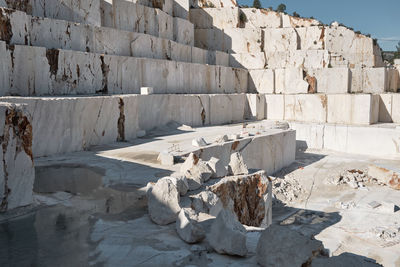 Ledges of excavated marble stone material at mediterranean region of mersin, turkey