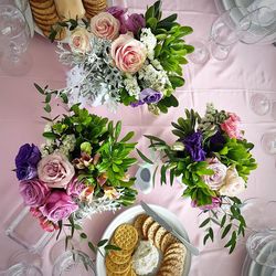 High angle view of rose bouquet on table