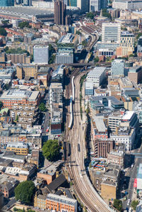 High angle view of street amidst buildings in city