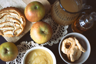 High angle view of fruits in bowl on table