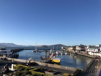 Panoramic view of bay against clear blue sky