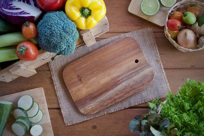 High angle view of chopped vegetables on cutting board