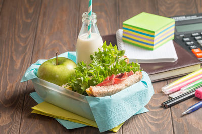 High angle view of breakfast on table