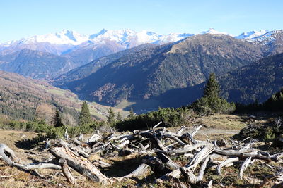 Scenic view of snowcapped mountains against sky