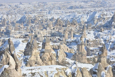 Aerial view of snow covered land cappadocia 