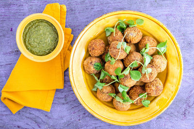 High angle view of meal served on table