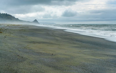 A view of the beach at humboldt lagoons state park in california on an overcast day.
