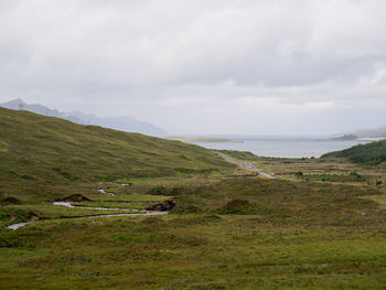 Scenic view of green landscape and sea against sky