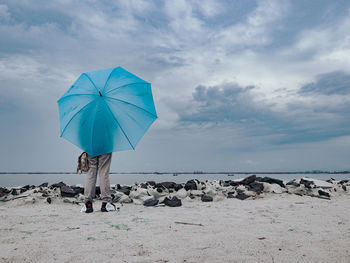 Rear view of person on beach against sky