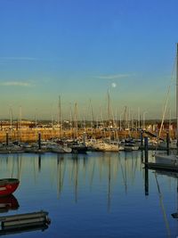 Sailboats moored at harbor against blue sky