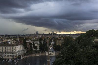 Aerial view of city against cloudy sky