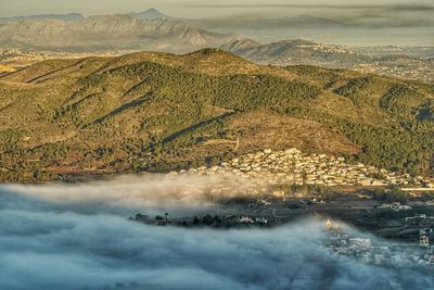 Aerial view of land and lake against sky