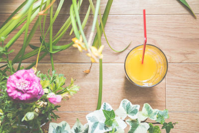 Directly above view of fresh orange juice by plants on table