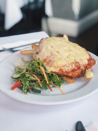 Close-up of food served in plate on table