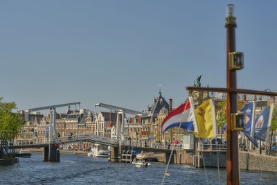 View of flags on river against buildings