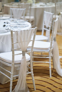 Empty chairs and tables in restaurant