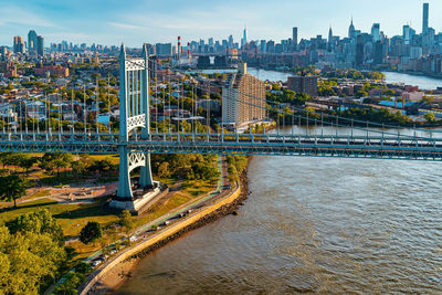 Bridge over river against buildings in city