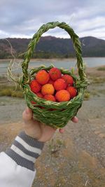 Cropped image of hand holding strawberries in basket