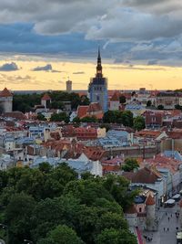 High angle view of townscape against sky during sunset