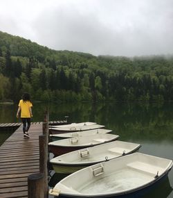 Rear view of man looking at lake against sky