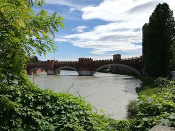 Arch bridge over river against sky