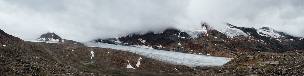 Snow covered mountains against cloudy sky