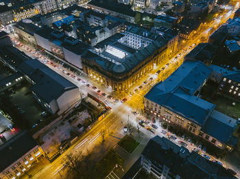 High angle view of illuminated cityscape