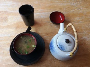 High angle view of tea cup on table