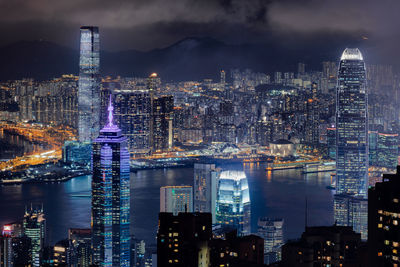 Aerial view of illuminated cityscape against sky at night