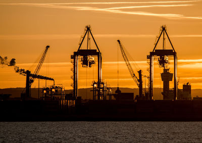 Cranes at commercial dock against sky during sunset