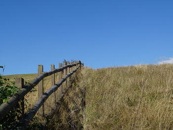 Fence on field against clear blue sky