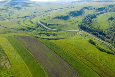 Above view of countryside road, aerial drone view