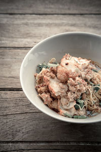 High angle view of food in bowl on table