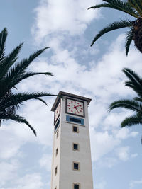 Low angle view of palm tree and building against sky