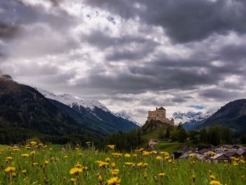 Scenic view of grassy field against cloudy sky